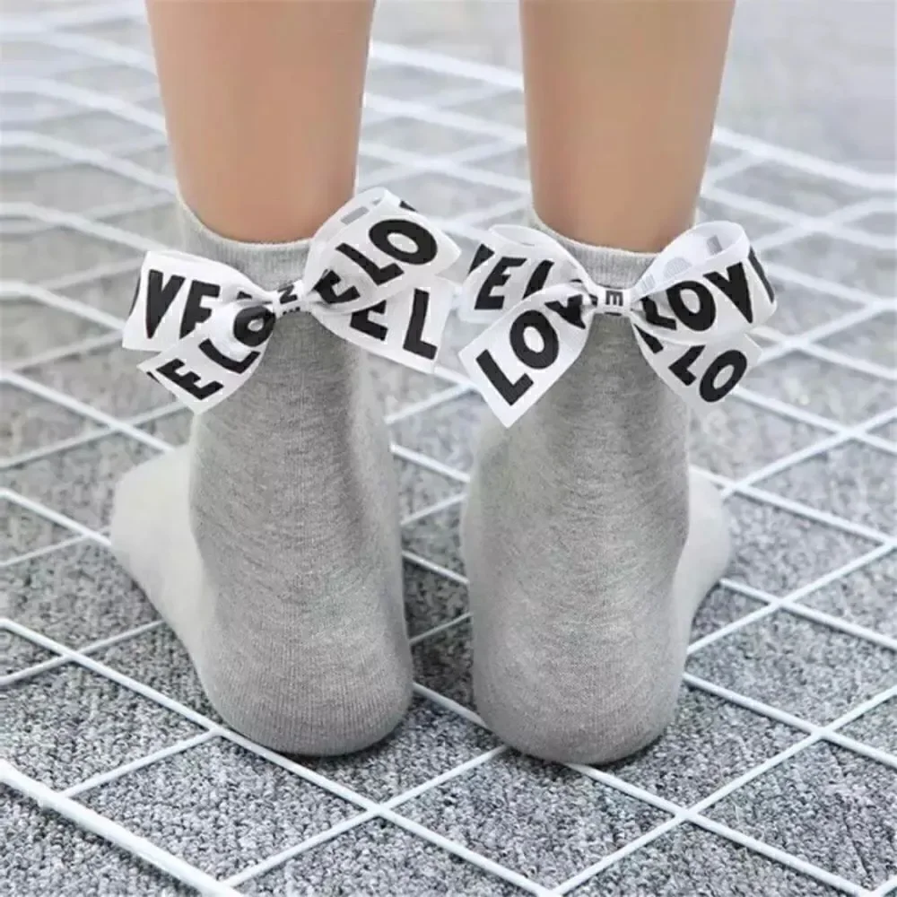 Women's Gray LOVE Bow Ankle Socks Coquette Ribbon Cotton Blend One Size
